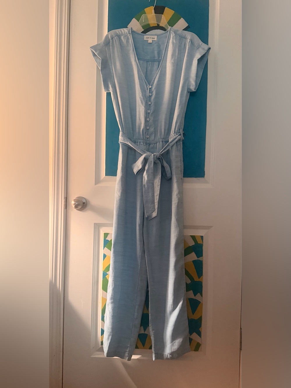 Light Blue Cloth & Stone Women's V-Neck Button-Front Jumpsuit with Tie Waist-M